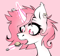 Size: 1740x1620 | Tagged: safe, artist:rtootb, oc, oc only, bat pony, bat pony unicorn, hybrid, pony, unicorn, :o, bat pony oc, blushing, bust, commission, crystal eyes, cute, digital art, dumplings, ear piercing, ear tufts, earring, ears up, eating, eyeshadow, fangs, female, food, horn, icon, jewelry, looking at something, magic, makeup, mare, open mouth, piercing, pink background, pink eyes, pink eyeshadow, pink mane, portrait, short hair, simple background, sketch, solo, spoon, telekinesis, white fur, wide eyes