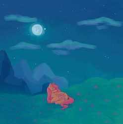 Size: 1440x1452 | Tagged: safe, artist:ariariari.png, fluttershy, pegasus, pony, g4, eyes closed, grass, grass field, lying down, lying in grass, mare in the moon, moon, mountain, mountain range, night, solo
