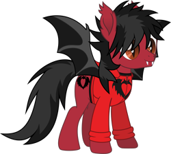 Size: 1329x1189 | Tagged: safe, artist:lightningbolt, derpibooru exclusive, bat pony, pony, g4, .svg available, bat wings, clandestine industries, clothes, colored pupils, ear fluff, emo, fall out boy, fangs, hair over one eye, hood, hoodie, male, movie accurate, pete wentz, ponified, shirt, simple background, slit pupils, smiling, solo, spread wings, stallion, standing, svg, transparent background, undershirt, vector, wings