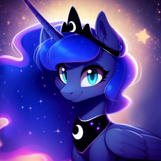 [alicorn,crown,eyelashes,female,jewelry,looking at you,mare,pony,princess luna,safe,solo,stars,regalia,ear fluff,derpibooru exclusive,smiling,smiling at you,editor:nightluna,ai content,ai assisted,generator:purplesmart.ai,generator:stable diffusion]