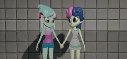 Size: 1280x600 | Tagged: safe, artist:th3m4nw1thn0n4m3, bon bon, lyra heartstrings, sweetie drops, human, equestria girls, g4, 3d, clothes, female, holding hands, lesbian, looking at each other, looking at someone, ship:lyrabon, shipping, source filmmaker