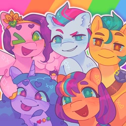 Size: 1440x1440 | Tagged: safe, artist:ariariari.png, hitch trailblazer, izzy moonbow, pipp petals, sunny starscout, zipp storm, earth pony, pegasus, pony, unicorn, g5, :p, bracelet, group, jewelry, looking at you, mane five, mane stripe sunny, multicolored hair, one eye closed, quintet, redraw, smiling, smirk, tongue out, wink