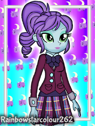 Size: 768x1024 | Tagged: safe, artist:rainbowstarcolour262, part of a set, crystal lullaby, human, series:equ wallpapers, equestria girls, g4, my little pony equestria girls: friendship games, abstract background, background human, bowtie, clothes, crystal prep academy uniform, crystal prep shadowbolts, cute, cutie mark background, female, lipstick, lulladorable, part of a series, plaid skirt, pleated skirt, ponytail, school uniform, shirt, signature, skirt, solo