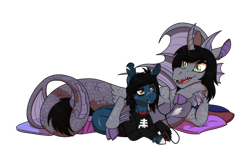 Size: 1900x1181 | Tagged: safe, alternate version, artist:inuhoshi-to-darkpen, earth pony, pony, siren, undead, zombie, zombie pony, bone, bring me the horizon, clothes, cloven hooves, commission, curved horn, duo, duo male, earbuds, fangs, fins, fish tail, gay, happy, horn, intertwined tails, kellin quinn, lip piercing, listening to music, long sleeves, looking at each other, looking at someone, lying down, male, mp3 player, oliver sykes, open mouth, piercing, pillow, ponified, prone, scales, scar, sharing headphones, shipping, simple background, sleeping with sirens, slit pupils, smiling, stitches, tail, tattoo, torn ear, transparent background, vibing, window
