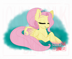 Size: 1750x1450 | Tagged: safe, artist:cuddlypinkdrink, fluttershy, pegasus, pony, g4, female, lying down, mare, pink mane, pink tail, prone, solo, tail, wings, yellow coat