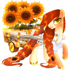 Size: 900x857 | Tagged: safe, artist:cupidauctions, oc, oc only, earth pony, pony, braid, braided tail, cart, female, flower, mare, simple background, solo, sunflower, tail, transparent background