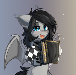 Size: 4670x4595 | Tagged: safe, artist:lunylin, oc, oc only, oc:boggy, bat pony, pony, absurd resolution, accordion, bat pony oc, clothes, fangs, female, gradient background, mare, musical instrument, socks, solo