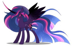 Size: 4661x3000 | Tagged: safe, artist:inspiredpixels, twilight sparkle, oc, oc:everlight everlasting, alicorn, pony, g4, the last problem, colored wings, concave belly, curved horn, ethereal mane, ethereal tail, female, gradient wings, horn, impossibly large horn, long horn, long mane, long tail, mare, older, older twilight, older twilight sparkle (alicorn), princess twilight 2.0, simple background, slender, solo, spread wings, standing, starry mane, starry tail, tail, tall, thin, transparent background, twilight sparkle (alicorn), wings