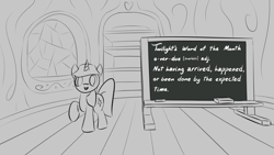 Size: 1920x1080 | Tagged: safe, artist:purblehoers, twilight sparkle, pony, unicorn, g4, chalk, chalkboard, golden oaks library, interior, looking at you, raised hoof, sketch, smiling, solo, text, unicorn twilight