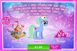 Size: 1957x1298 | Tagged: safe, gameloft, nurse tenderheart, earth pony, pony, g4, my little pony: magic princess, advertisement, balloon, bush, costs real money, english, female, gem, hat, introduction card, mare, mobile game, numbers, sale, solo, text