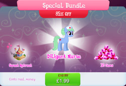 Size: 1266x860 | Tagged: safe, gameloft, nurse tenderheart, earth pony, pony, g4, my little pony: magic princess, balloon, bundle, bush, costs real money, english, female, gem, hat, mare, mobile game, numbers, sale, solo, text