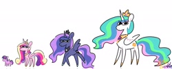 Size: 2048x830 | Tagged: safe, artist:petaltwinkle, princess cadance, princess celestia, princess luna, twilight sparkle, alicorn, pony, g4, alicorn tetrarchy, crown, ethereal hair, ethereal mane, ethereal tail, eyeshadow, female, folded wings, hoof shoes, jewelry, makeup, mare, peytral, regalia, simple background, size chart, size comparison, smol, spread wings, standing, starry hair, starry mane, starry tail, tail, tallestia, tiara, twilight sparkle (alicorn), white background, wings