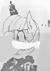 Size: 720x1013 | Tagged: safe, artist:maren, edit, twilight sparkle, pony, unicorn, g4, bondage, bound and gagged, cloth gag, exclamation point, gag, monochrome, over the nose gag, shocked, shocked expression, shocked eyes