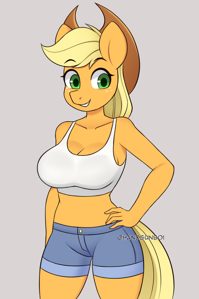 [anthro,applejack,big breasts,breasts,cleavage,clothes,cowboy hat,daisy dukes,earth pony,female,freckles,hat,jeans,midriff,pants,redraw,safe,shorts,simple background,solo,tanktop,denim,stupid sexy applejack,hand on hip,smiling,busty applejack,artist:handgunboi]
