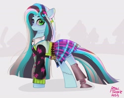 Size: 2048x1620 | Tagged: safe, artist:petaltwinkle, earth pony, pony, amputee, clothes, ear piercing, earring, eye clipping through hair, frankenpony, frankie stein, heterochromia, jewelry, looking at you, monster high, nonbinary, peg leg, piercing, plaid skirt, ponified, prosthetic leg, prosthetic limb, prosthetics, signature, simulacrum, skirt, smiling, smiling at you, solo, stitched body