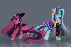 Size: 2048x1353 | Tagged: safe, artist:petaltwinkle, bat pony, pegasus, pony, undead, vampire, vampony, clothes, draculaura, dress, duo, ear piercing, earring, eye clipping through hair, fangs, female, frankenpony, frankie stein, gray background, hat, heterochromia, jewelry, looking at you, mare, monster high, nonbinary, piercing, plaid skirt, ponified, simple background, skirt, smiling, smiling at you, stitched body, tongue out