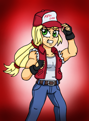 Size: 1831x2500 | Tagged: safe, artist:edcom02, applejack, human, equestria girls, g4, crossover, fatal fury, female, snk, solo, terry bogard, video game crossover