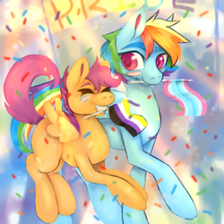 Size: 1240x1240 | Tagged: safe, artist:anyponyrequests, rainbow dash, scootaloo, pegasus, pony, g4, abstract background, confetti, duo, eyes closed, face paint, flag, male, mouth hold, nonbinary, nonbinary pride flag, pride, pride flag, rule 63, smiling, trans male, transgender, transmasculine pride flag, walking