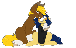 Size: 3000x1920 | Tagged: safe, artist:2k.bugbytes, oc, oc only, oc:acres, oc:flash reboot, earth pony, pony, unicorn, blushing, clothes, coat markings, cowboy hat, duo, facial markings, female, floating heart, hat, heart, hoodie, hoof on shoulder, male, mare, oc x oc, shipping, simple background, sitting, socks (coat markings), stallion, stetson, straight, transparent background, unshorn fetlocks
