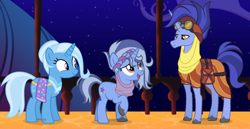 Size: 1920x993 | Tagged: safe, artist:pastelnightyt, hoo'far, trixie, oc, oc:mystic, pony, saddle arabian, unicorn, g4, alternate hairstyle, clothes, eye contact, family, father and child, father and daughter, female, goggles, goggles on head, happy, horn, like father like daughter, like mother like daughter, like parent like child, looking at each other, looking down, looking up, male, mare, mother and child, mother and daughter, offspring, older, open mouth, open smile, parent:hoo'far, parent:trixie, parents:trixfar, raised hoof, shipping, signature, smiling, stallion, straight, tail, trio, trixfar, unshorn fetlocks