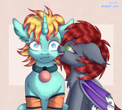 Size: 3000x2700 | Tagged: safe, artist:ingolf arts, oc, oc only, oc:divine lover, oc:wolfberry, bat pony, earth pony, pony, unicorn, bell, bell collar, clothes, collar, couple, cute, duo, ear fluff, eye reflection, female, folded wings, high res, horn, licking, looking at you, male, open mouth, reflection, tongue out, wings