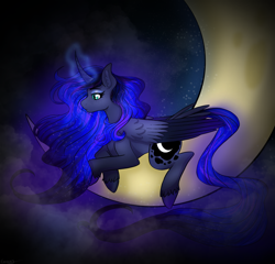 Size: 1528x1469 | Tagged: safe, artist:greenybeenie, princess luna, alicorn, pony, g4, cloud, crescent moon, ethereal mane, female, glowing, glowing horn, horn, lying down, mare, moon, night, prone, sky, solo, starry mane, stars, tangible heavenly object