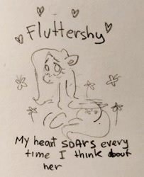 Size: 720x887 | Tagged: safe, artist:arrgh-whatever, fluttershy, butterfly, pegasus, pony, g4, flower, lying down, solo, traditional art