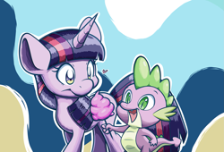 Size: 2653x1805 | Tagged: safe, artist:mightymetalk9, spike, twilight sparkle, pony, unicorn, cotton candy, cute, duo, duo male and female, female, heart, high res, male, mare, open mouth, open smile, smiling, spikabetes, spikelove, unicorn twilight