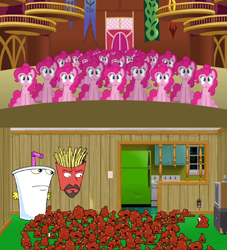 Size: 1280x1408 | Tagged: safe, screencap, pinkie pie, g4, too many pinkie pies, aqua teen hunger force, comparison, frylock, master shake, meatwad, multiple meat