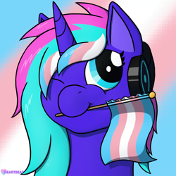 Size: 1000x1000 | Tagged: safe, artist:passionpanther, oc, oc only, oc:heartbeat, pony, unicorn, headphones, pride, pride flag, pride month, solo, transgender, transgender oc, transgender pride flag