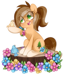 Size: 1000x1155 | Tagged: safe, artist:loyaldis, oc, oc only, oc:amber evergreen, oc:buck evergreen, bird, earth pony, pony, coat markings, cute, eye clipping through hair, female, flower, log, mare, markings, open mouth, ponytail, raised hoof, rule 63, simple background, sitting, socks (coat markings), solo, transparent background, tree stump