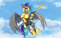 Size: 1920x1200 | Tagged: safe, artist:lunar froxy, oc, oc only, oc:wubzy, pegasus, pony, armor, armored pony, chainmail, flying, helmet, solo, spear, weapon