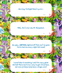 Size: 2045x2379 | Tagged: safe, gameloft, spike, twilight sparkle, alicorn, dragon, pony, g4, my little pony: magic princess, claws, dialogue, dialogue box, english, event, female, folded wings, high res, horn, male, mare, mobile game, speech bubble, text, twilight sparkle (alicorn), winged spike, wings