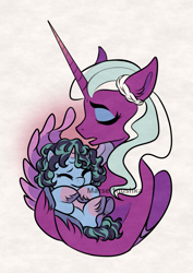 Size: 905x1280 | Tagged: safe, artist:marsel1nushka, misty brightdawn, opaline arcana, alicorn, pony, unicorn, g5, duo, duo female, eyes closed, female, filly, filly misty brightdawn, holding, holding a pony, hug, lying down, mama opaline, mare, nicealine, on back, open mouth, textured background, unshorn fetlocks, wing hands, wings, younger