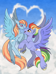 Size: 2894x3810 | Tagged: safe, artist:marsel1nushka, bow hothoof, windy whistles, pegasus, pony, g4, cloud, couple, duo, duo male and female, female, heart, high res, husband and wife, looking at each other, looking at someone, male, mare, ship:windyhoof, shipping, stallion, straight, unshorn fetlocks, younger