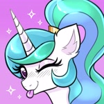 Size: 4000x4000 | Tagged: safe, artist:confetticakez, princess celestia, alicorn, pony, ;p, absurd resolution, alternate hairstyle, blushing, bust, cute, cutelestia, female, looking at you, mare, one eye closed, ponytail, purple background, sillestia, silly, simple background, solo, sparkles, tongue out, wink, winking at you