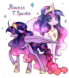 Size: 1280x1440 | Tagged: safe, artist:zero-paint, twilight sparkle, alicorn, pony, g4, the last problem, alternate hairstyle, braid, braided tail, concave belly, crown, curved horn, cutie mark, ethereal mane, ethereal tail, eye clipping through hair, eyebrows, eyebrows visible through hair, eyes closed, female, hairband, hoof shoes, horn, jewelry, large wings, long mane, looking at you, mare, name, older, older twilight, older twilight sparkle (alicorn), partially open wings, peytral, princess shoes, princess twilight 2.0, raised hoof, regalia, signature, simple background, slender, smiling, smiling at you, solo, sparkles, tail, tall, thin, twilight sparkle (alicorn), white background, wings