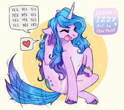 Size: 1280x1143 | Tagged: safe, artist:zero-paint, izzy moonbow, pony, unicorn, g5, abstract background, behaving like a dog, bracelet, chest fluff, colored hooves, cute, drool, ear scratch, eyes closed, female, floppy ears, friendship bracelet, gradient mane, gradient tail, heart, izzybetes, jewelry, mare, pale belly, pictogram, silly, sitting, solo, speech bubble, tail, tail wag, tongue out, underhoof, unshorn fetlocks, yes, yes yes yes