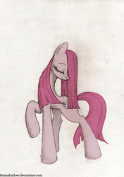 Size: 650x924 | Tagged: safe, artist:foxinshadow, pinkie pie, earth pony, pony, g4, digitally colored, eyes closed, female, hair over one eye, mare, pinkamena diane pie, raised hoof, simple background, solo, traditional art, white background