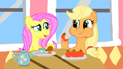 Size: 1920x1080 | Tagged: safe, anonymous artist, artist:elidiotadelaesquina, applejack, fluttershy, pegasus, pony, g4, apple, cup, dinner, dinner table, duo, food, muffin, teacup, teapot