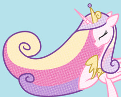 Size: 1280x1024 | Tagged: safe, artist:neriad, part of a set, princess cadance, alicorn, pony, g4, blue background, concave belly, crown, eyes closed, female, folded wings, halftone, hoof on chest, hoof shoes, jewelry, long mane, mare, peytral, princess shoes, profile, regalia, side view, simple background, slender, solo, standing, thin, wallpaper, wings
