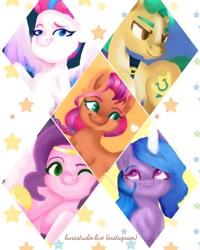 Size: 720x900 | Tagged: safe, artist:lunastudiolive, hitch trailblazer, izzy moonbow, pipp petals, sunny starscout, zipp storm, earth pony, pegasus, pony, unicorn, g5, female, male, mane five, mare, smiling, stallion