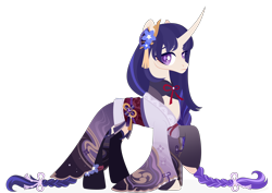 Size: 4382x3110 | Tagged: safe, artist:kabuvee, pony, unicorn, clothes, concave belly, crossover, curved horn, female, genshin impact, horn, kimono (clothing), long mane, long tail, mare, ponified, raiden shogun (genshin impact), raised hoof, simple background, slender, solo, standing, tail, thin, transparent background