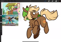 Size: 2360x1640 | Tagged: safe, artist:lrusu, earth pony, pony, chest fluff, eye clipping through hair, eyebrows, eyebrows visible through hair, link, looking back, open mouth, ponified, solo, the legend of zelda