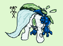 Size: 822x607 | Tagged: safe, artist:damset, oc, oc only, oc:grazia, changeling, frog, hybrid, monster pony, butt, crotch tasting, female, green background, looking at you, misleading thumbnail, monochrome, ms paint, pixel art, plot, simple background, swallowing, tongue out, vore