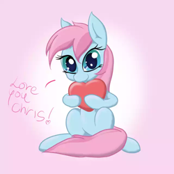 Size: 640x640 | Tagged: safe, anonymous artist, oc, oc only, oc:water lilly, earth pony, pony, beautiful, blue body, blue eyes, blue skin, cute, english, female, heart, looking at you, mare, pink background, pink mane, pink tail, simple background, smiling, smiling at you, solo, tail, talking to viewer, text