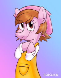 Size: 1305x1652 | Tagged: safe, artist:erichkaofficial, pony, apron, clothes, cooking mama, female, gradient background, mare, ponified, rule 85, solo