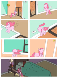 Size: 960x1280 | Tagged: safe, artist:fluffsplosion, pinkie pie, fluffy pony, human, g4, bed, bedroom, cartoon physics, comic, fluffy pony original art, pinkie being pinkie, sleeping