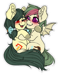 Size: 3000x3800 | Tagged: safe, artist:cobaltmist, part of a set, oc, oc only, oc:dew point, oc:grav, bat pony, earth pony, pony, blushing, commission, duo, ear fluff, female, green mane, high res, hug, lesbian, one eye closed, simple background, spread wings, transparent background, two toned mane, wings, ych result, yellow coat