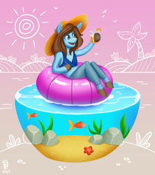 Size: 4095x4621 | Tagged: safe, artist:billyn, oc, oc only, oc:sertpony, earth pony, fish, goldfish, pony, bikini, bikini top, blue coat, brown mane, clothes, commission, drink, glass, hat, inner tube, male, pool toy, sand, seastar, seaweed, smiling, solo, sun hat, swimming leggings, swimsuit, underwater, water, ych result